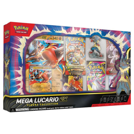 Pokémon Mega Lucario ex Figure Collection - official angled view of the box showing Mega Lucario figure, promo cards and booster packs