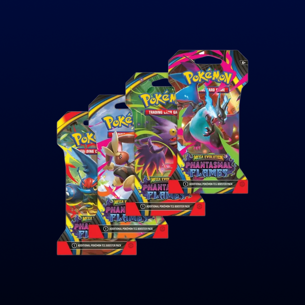 Three Pokémon Trading Card Game Mega Evolutions Fantasy Flags booster packs arranged in a staggered fan layout against a dark navy background.
