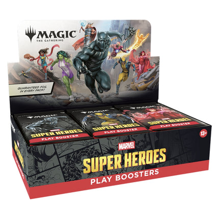 Magic: The Gathering Marvel Super Heroes Play Booster Box, front of sealed box