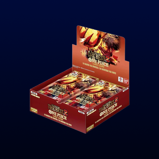 A retail display box of The Best 2: One Piece trading card booster packs, shown at an angle against a dark navy blue background. The packaging features vibrant red and orange tones with anime artwork of a character on the inner flap and on the side panels.