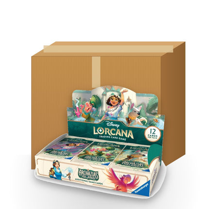 Disney Lorcana Archazia's Island sealed booster box case with an Archazia's Island booster box in front