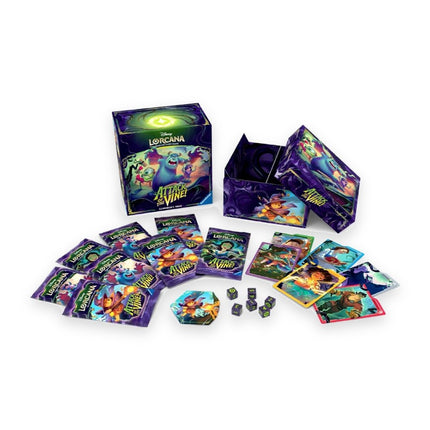 Disney Lorcana Attack of the Vine! Illumineer's Trove contents: storage box, booster packs, dividers, dice and lore counter
