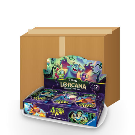 Disney Lorcana Attack of the Vine! sealed booster box case with an Attack of the Vine! booster box in front