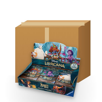 Disney Lorcana Azurite Sea sealed booster box case with an Azurite Sea booster box in front