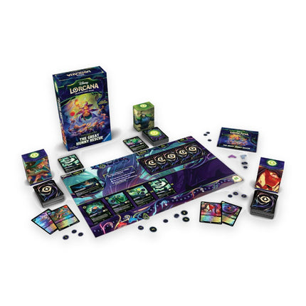 Disney Lorcana The Great Hunny Rescue contents: game board, decks, tokens and cards