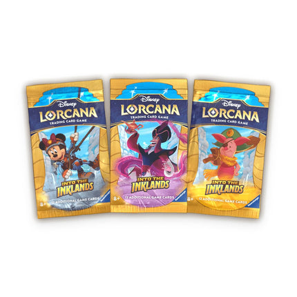 Disney Lorcana Into the Inklands booster packs in all three artwork designs