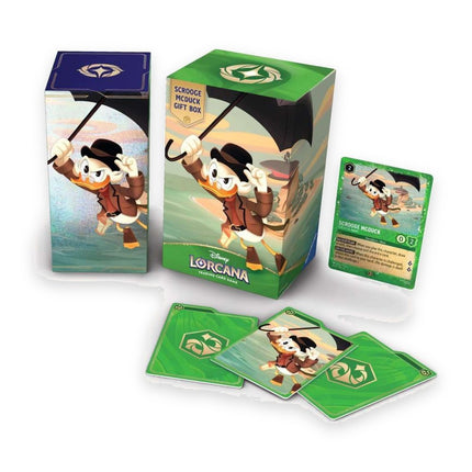 Disney Lorcana Scrooge McDuck Gift Box contents: storage box, promo card, booster packs and dividers