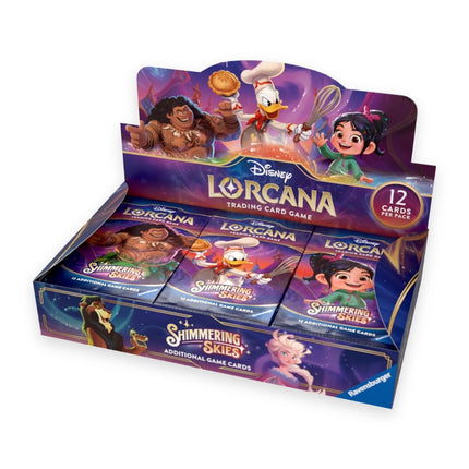 Disney Lorcana Shimmering Skies booster display box open with 24 booster packs