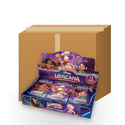 Disney Lorcana Shimmering Skies sealed booster box case with a Shimmering Skies booster box in front