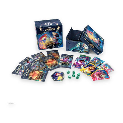 Disney Lorcana Whispers in the Well Illumineer's Trove contents: storage box, booster packs, dividers, dice and lore counter
