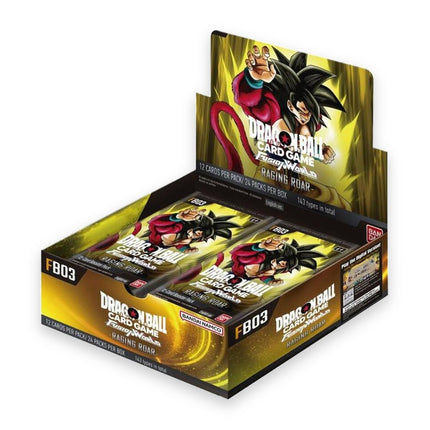 Dragon Ball Super Fusion World Raging Roar FB03 booster box, open display of 24 packs