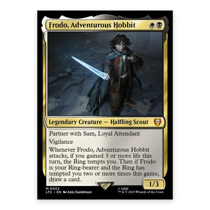 Frodo, Adventurous Hobbit Mythic LTC 2, a chase card from English Magic: The Gathering The Lord of the Rings: Tales of Middle-earth