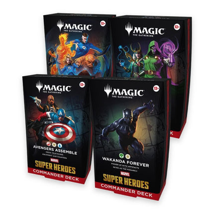 Magic: The Gathering Marvel Super Heroes Commander Deck display of 4