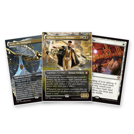 Silverquill Influence Commander Deck cards: Scriv, the Obligator Mythic SOC 9, Killian, Decisive Mentor Mythic SOC 4 and Land Tax Mythic SOC 153