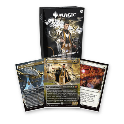 Magic: The Gathering Secrets of Strixhaven Commander Deck Silverquill Influence with Scriv, the Obligator SOC 9, Killian, Decisive Mentor SOC 4 and Land Tax SOC 153 fanned in front