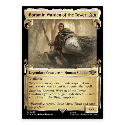 Boromir, Warden of the Tower (Bonus) Rare LTR 455, a chase card from English Magic: The Gathering The Lord of the Rings: Tales of Middle-earth