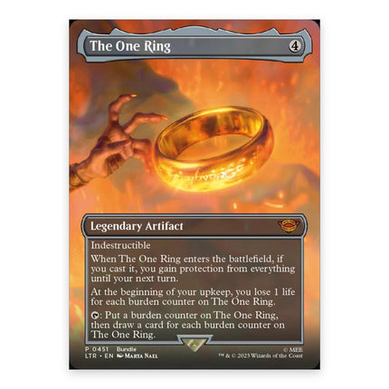 The One Ring (Bonus, showcase) Mythic LTR 451, a chase card from English Magic: The Gathering The Lord of the Rings: Tales of Middle-earth