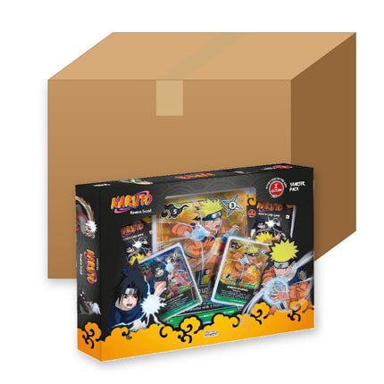 Naruto Mythos TCG Konoha Shido 1st Edition starter pack case, shipping carton with a Naruto and Sasuke starter pack in front