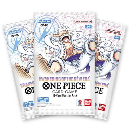 Three One Piece Card Game Awakening of the New Era OP-05 English booster packs fanned out