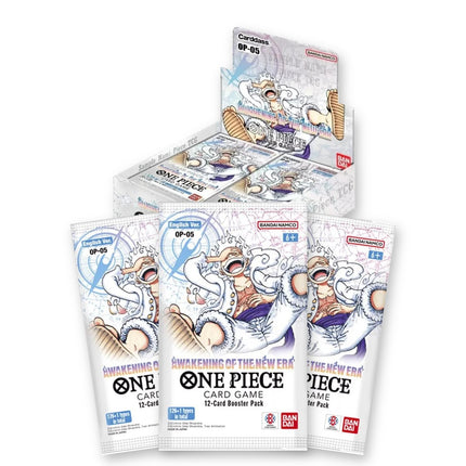 One Piece Awakening of the New Era OP-05 English booster packs in front of the booster box