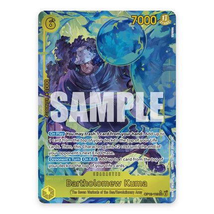 Bartholomew Kuma SEC alt art OP12-119, a chase card from English One Piece Card Game Legacy of the Master