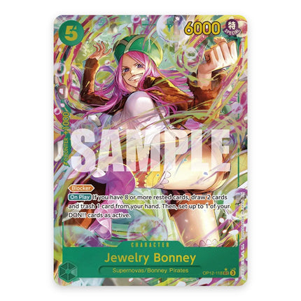 Jewelry Bonney SEC OP12-118 full-colour art, a chase card from English One Piece Card Game Legacy of the Master
