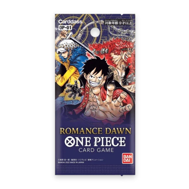 One Piece Card Game Romance Dawn OP-01 Japanese booster pack, sealed, front of pack showing Luffy, Law and Kid