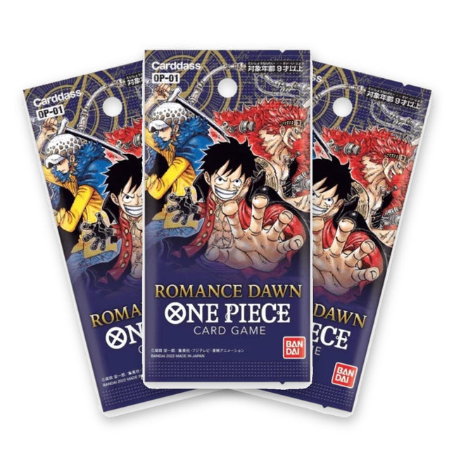 Three One Piece Card Game Romance Dawn OP-01 Japanese booster packs fanned out