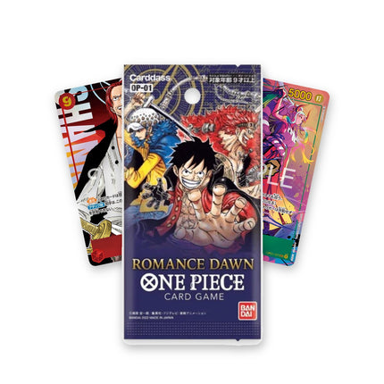 One Piece Card Game Romance Dawn OP-01 Japanese booster pack with Shanks SEC OP01-120 and Yamato SEC OP01-121 parallel cards behind