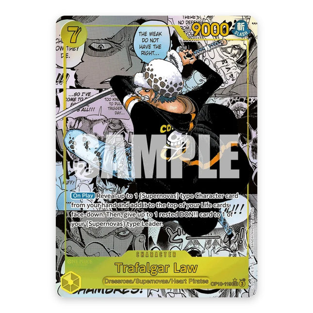 Trafalgar Law SEC manga-style alternate art OP10-119, a chase card from English One Piece Card Game Royal Blood