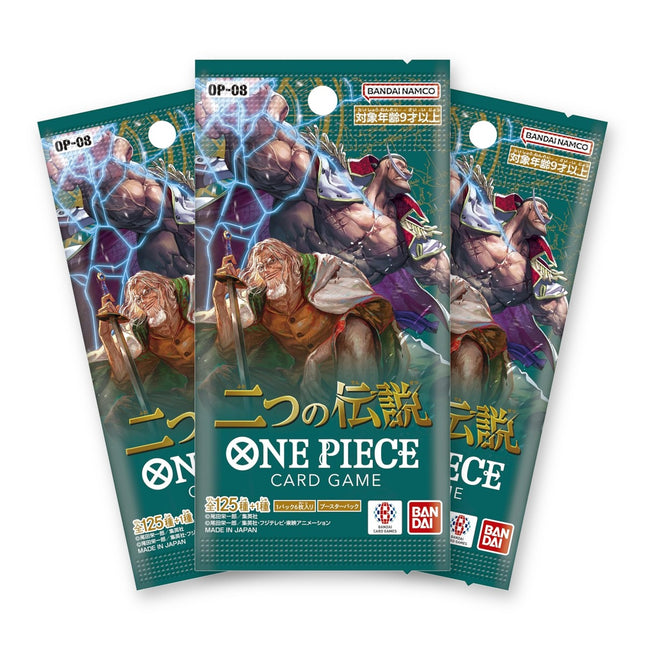 Three One Piece Card Game Two Legends OP-08 Japanese booster packs fanned out