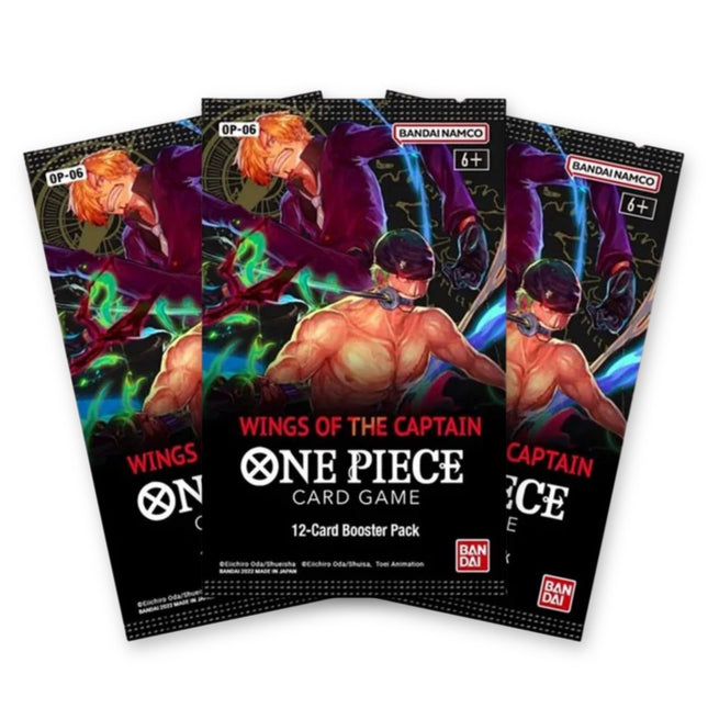 Three One Piece Card Game Wings of the Captain OP-06 booster packs fanned out