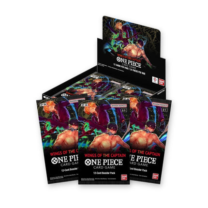 One Piece Card Game Wings of the Captain OP-06 Booster Box with three booster packs in front