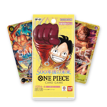 One Piece Card Game 500 Years in the Future OP-07 Japanese booster pack with Sabo SEC OP07-118 and Portgas.D.Ace SEC OP07-119 Japanese chase cards behind