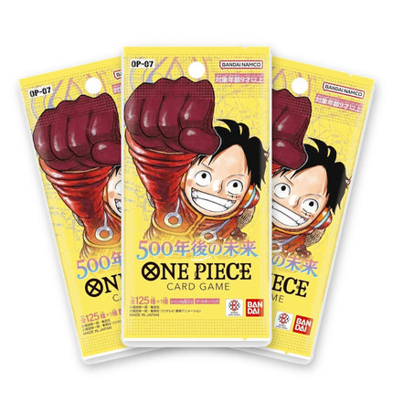 Three One Piece Card Game 500 Years in the Future OP-07 Japanese booster packs fanned out