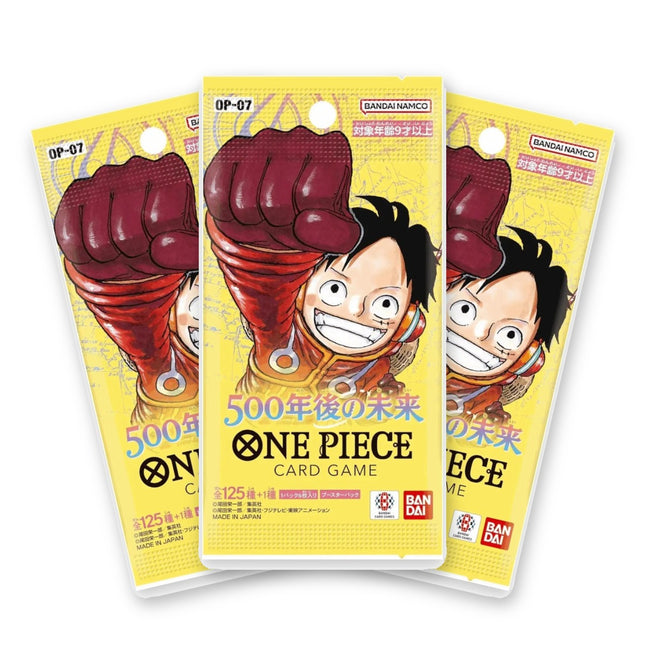 Three One Piece Card Game 500 Years in the Future OP-07 Japanese booster packs fanned out