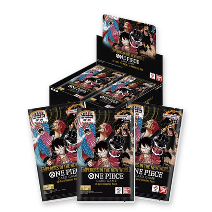 One Piece Card Game Emperors in the New World OP-09 English booster box with three booster packs in front
