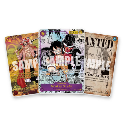 Emperors in the New World OP-09 chase cards: Gol.D.Roger SEC parallel OP09-118, Monkey.D.Luffy SEC parallel OP09-119 and Shanks parallel OP09-004