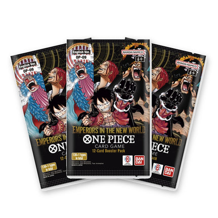 Three One Piece Card Game Emperors in the New World OP-09 English booster packs fanned out