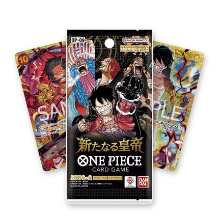 One Piece Card Game Emperors in the New World OP-09 Japanese booster pack with Gol.D.Roger SEC OP09-118 and Monkey.D.Luffy SEC OP09-119 Japanese chase cards behind