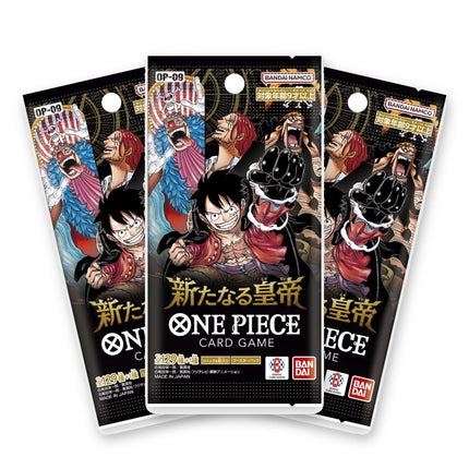 Three One Piece Card Game Emperors in the New World OP-09 Japanese booster packs fanned out