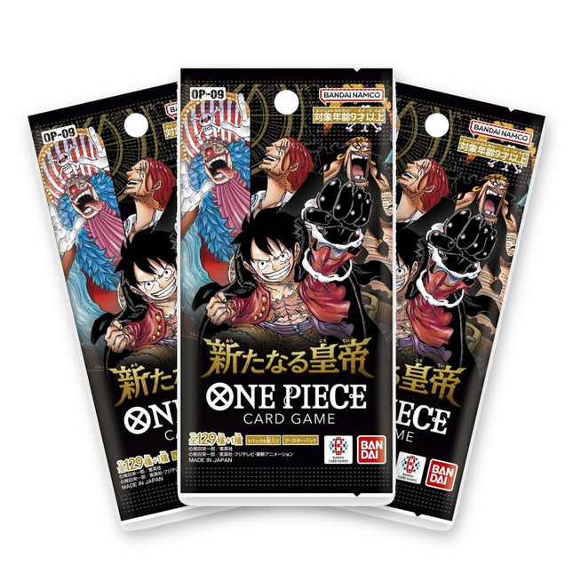 Three One Piece Card Game Emperors in the New World OP-09 Japanese booster packs fanned out