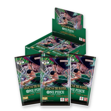 One Piece Card Game Legacy of the Master OP-12 English booster box with three booster packs in front