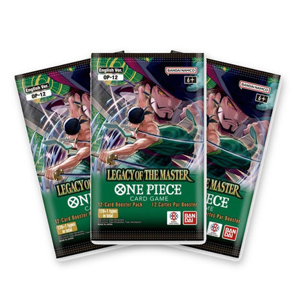 Three One Piece Card Game Legacy of the Master OP-12 English booster packs fanned out