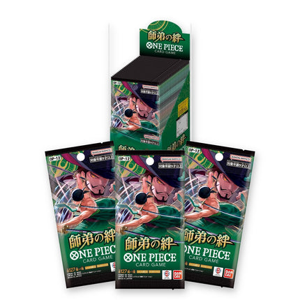 One Piece Card Game Legacy of the Master OP-12 Japanese booster box with three Japanese booster packs in front