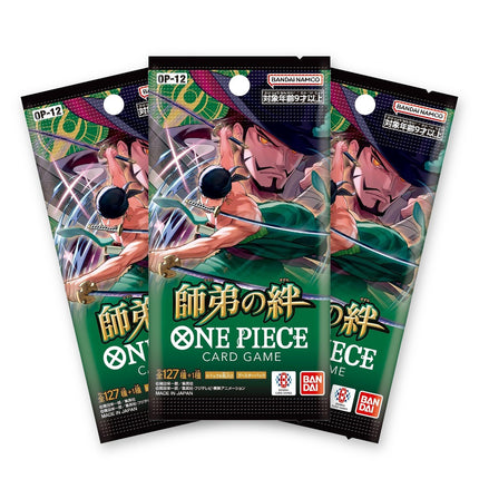 Three One Piece Card Game Legacy of the Master OP-12 Japanese booster packs fanned out
