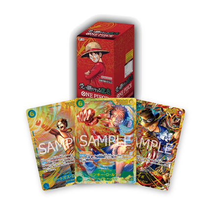 One Piece Card Game Carrying On His Will OP-13 Japanese booster box with Ace, Luffy and Sabo SEC Japanese chase cards fanned in front