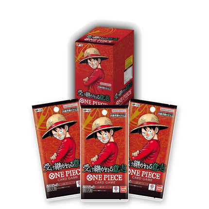 One Piece Card Game Carrying On His Will OP-13 Japanese booster box with three Japanese booster packs in front