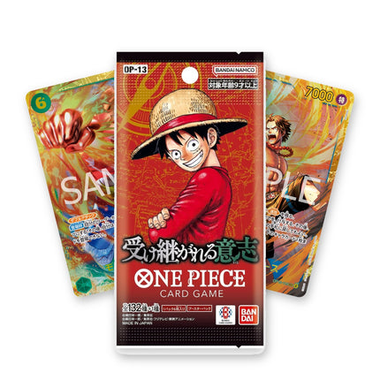 One Piece Card Game Carrying On His Will OP-13 Japanese booster pack with Monkey.D.Luffy SEC OP13-118 and Portgas.D.Ace SEC OP13-119 Japanese chase cards behind