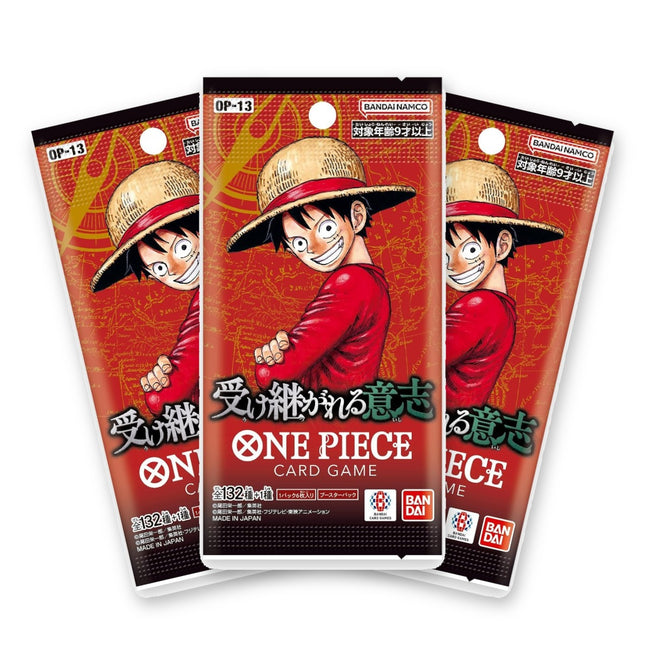 Three One Piece Card Game Carrying On His Will OP-13 Japanese booster packs fanned out